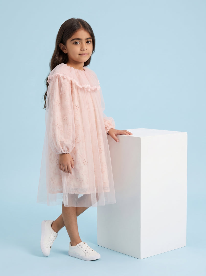 Pink Petal: Net & Cutlon Kids Frock 89341