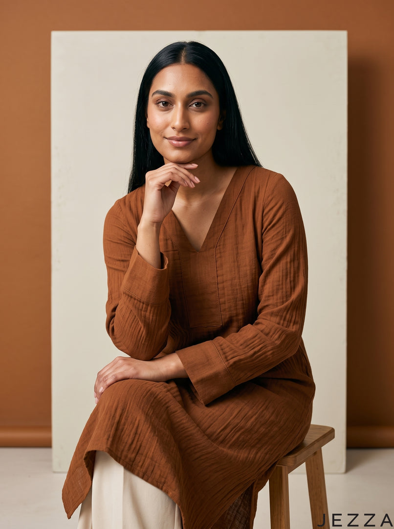 Double Gauze Ease: Brown V-Neck Midi Top 93171