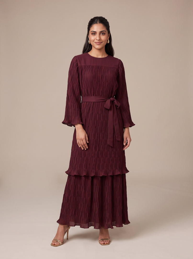 Maroon Pleated Flow Dress 92381
