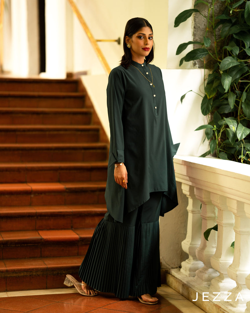 Solid Color Polyester Pant & Top Set with Pleated Detail 58601
