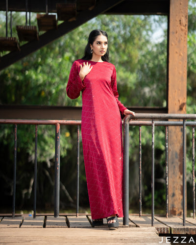 Radiant Charm: Lipstick Red Stone-Embellished Satin A-Line Dress 82991