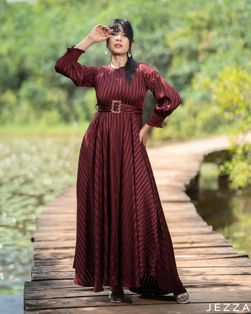 Rich Allure: Burgundy Self-Stripe Satin Y/A Dress 81281