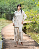 Load image into Gallery viewer, Elegant Shine: Ivory Stone-Embellished Satin Top &amp; Pant Set 79472/79482