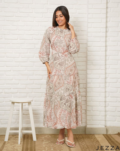 Mosaic Flow: Printed Chiffon Ankle Dress 81661