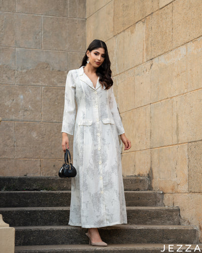 Elegant Blooms: White & Grey A-Line Dress 77271