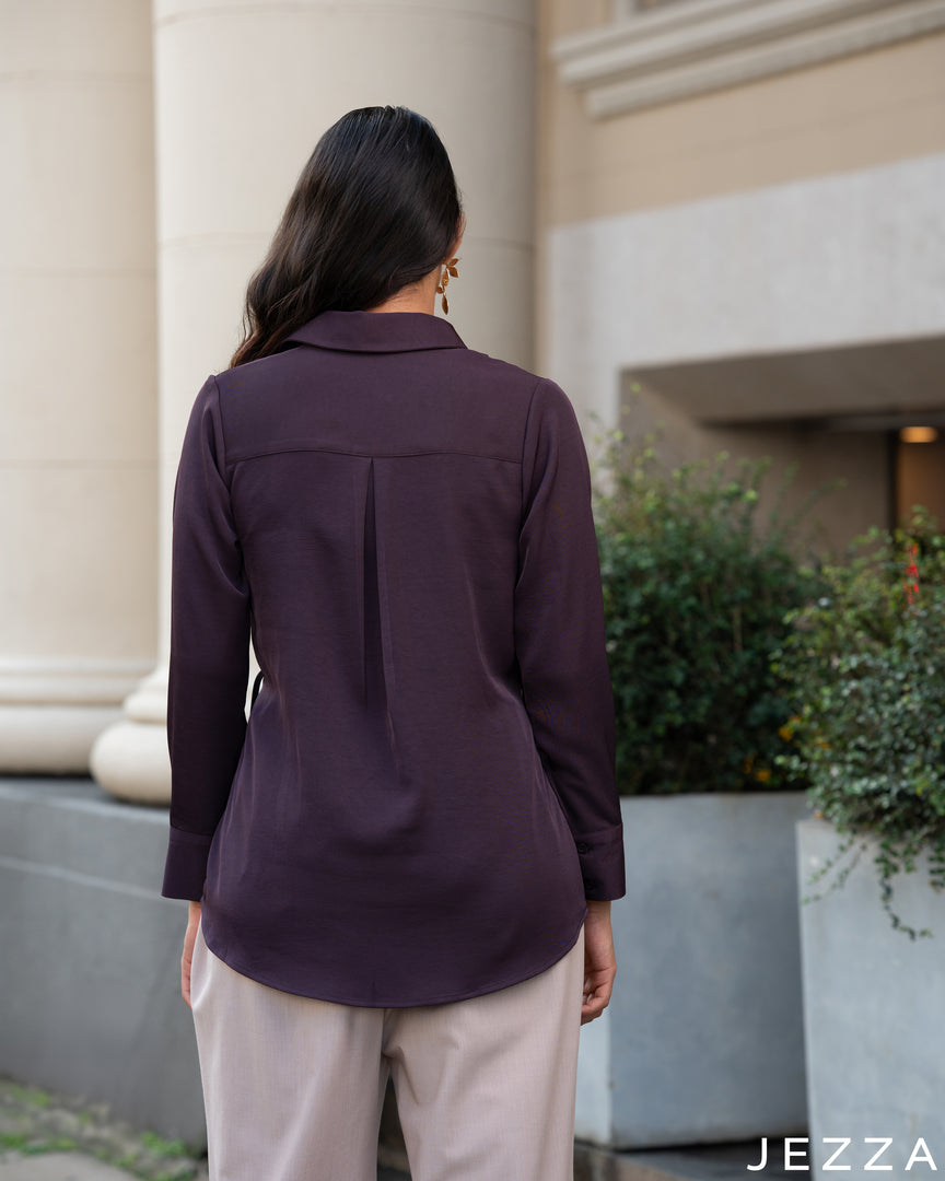 Regal Ease: Eggplant Collared Hip Top 73522