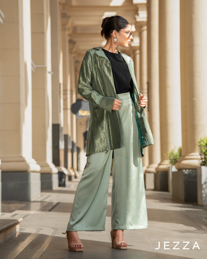 Textured Longline Jacket & Satin Pant Set 64182