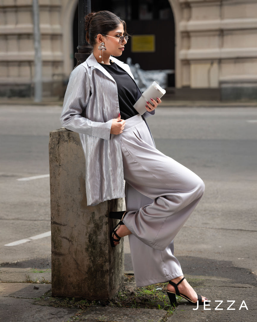 Textured Longline Jacket & Satin Pant Set 64181