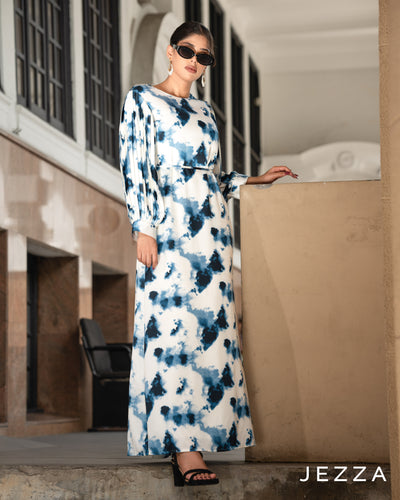 Printed Satin Pleated-Sleeve Dress 66281
