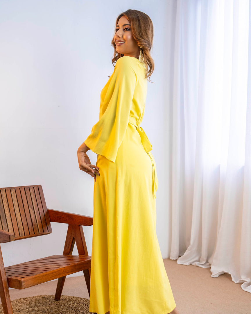 Yellow Round Neck Long Dress 90552