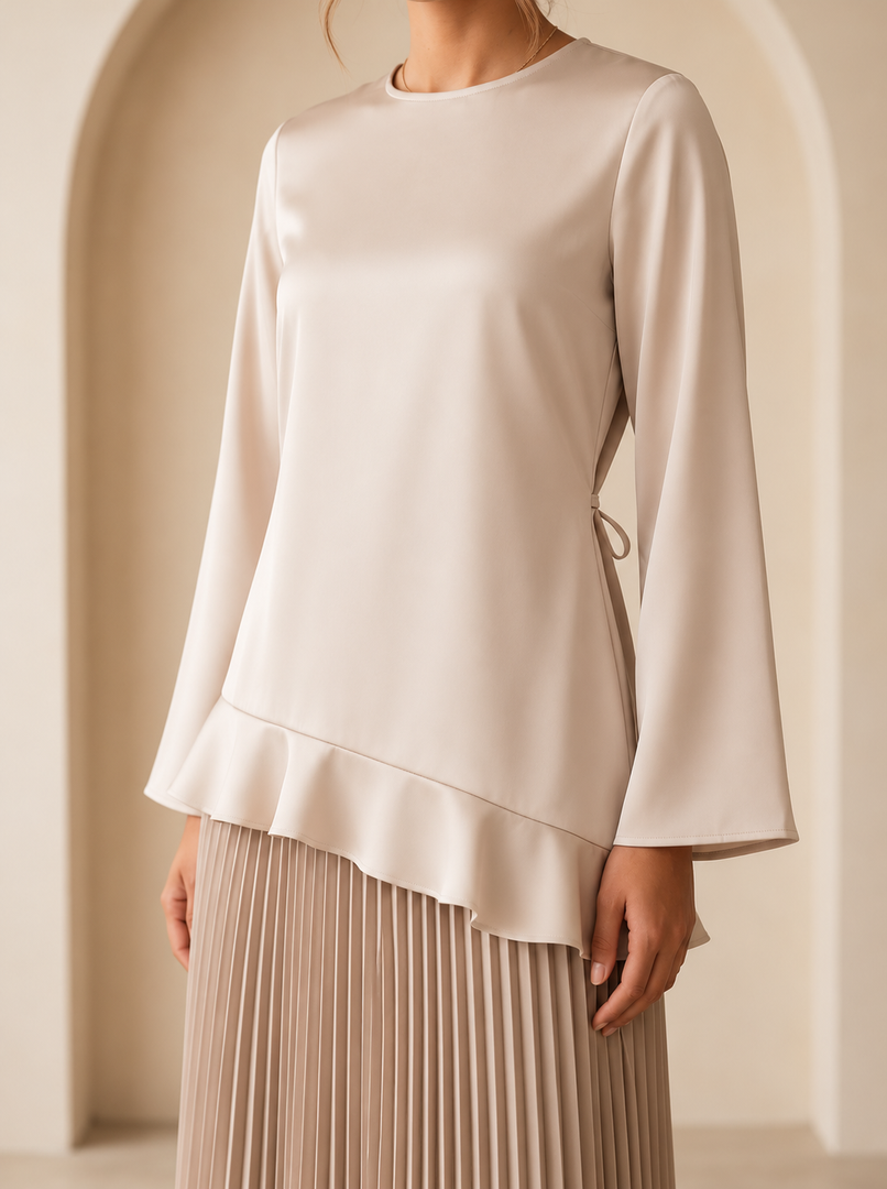 Beige Round Neck Satin Top 82131