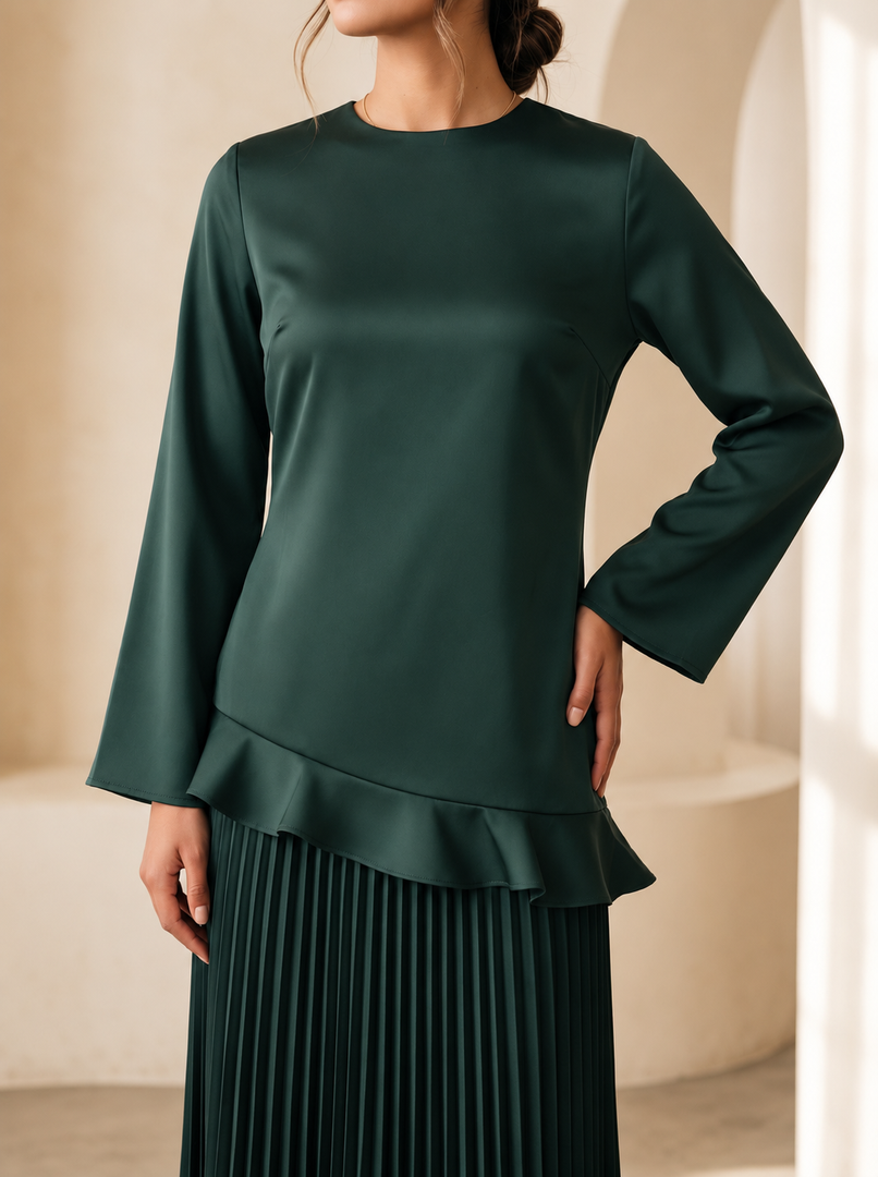 Pine Green Round Neck Satin Top 82132