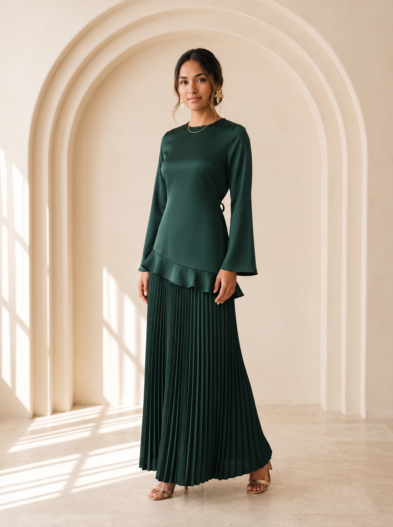 Pine Green Satin Ankle-Length Skirt 93682