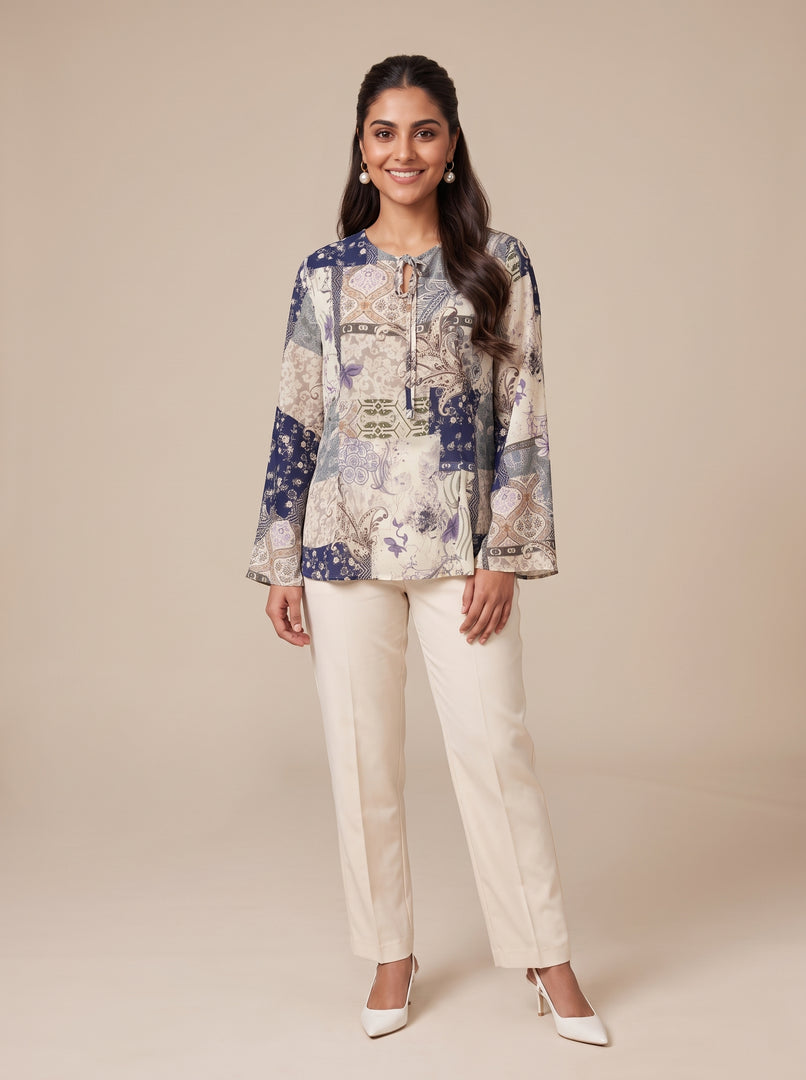 Cotton Abstract Print Tie-Neck Top 90261