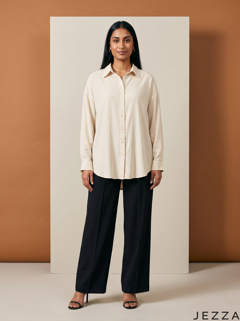 Ivory Ease: Relaxed Poly Cotton Below Hip Top 90361