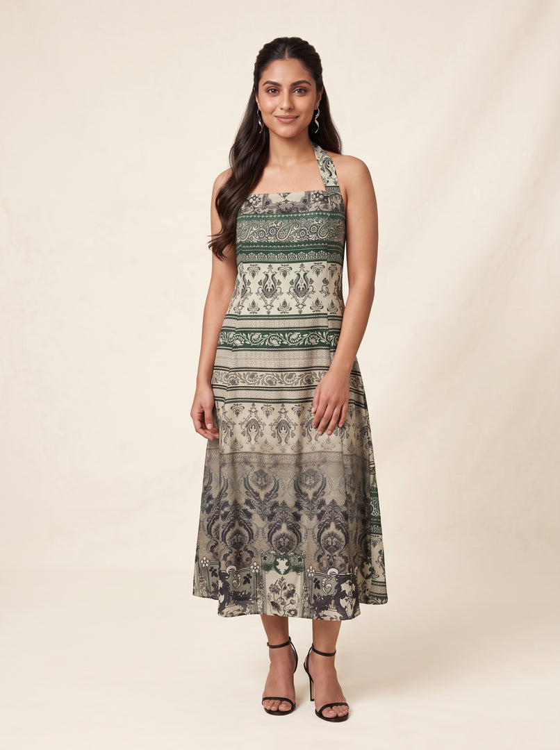 Printed Cotton Halter Midi Dress 87671
