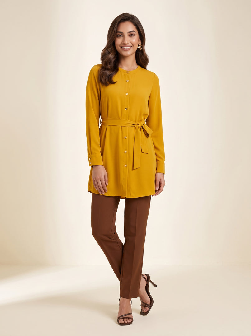 Round Neck Long Sleeve Golden Yellow Top 88152