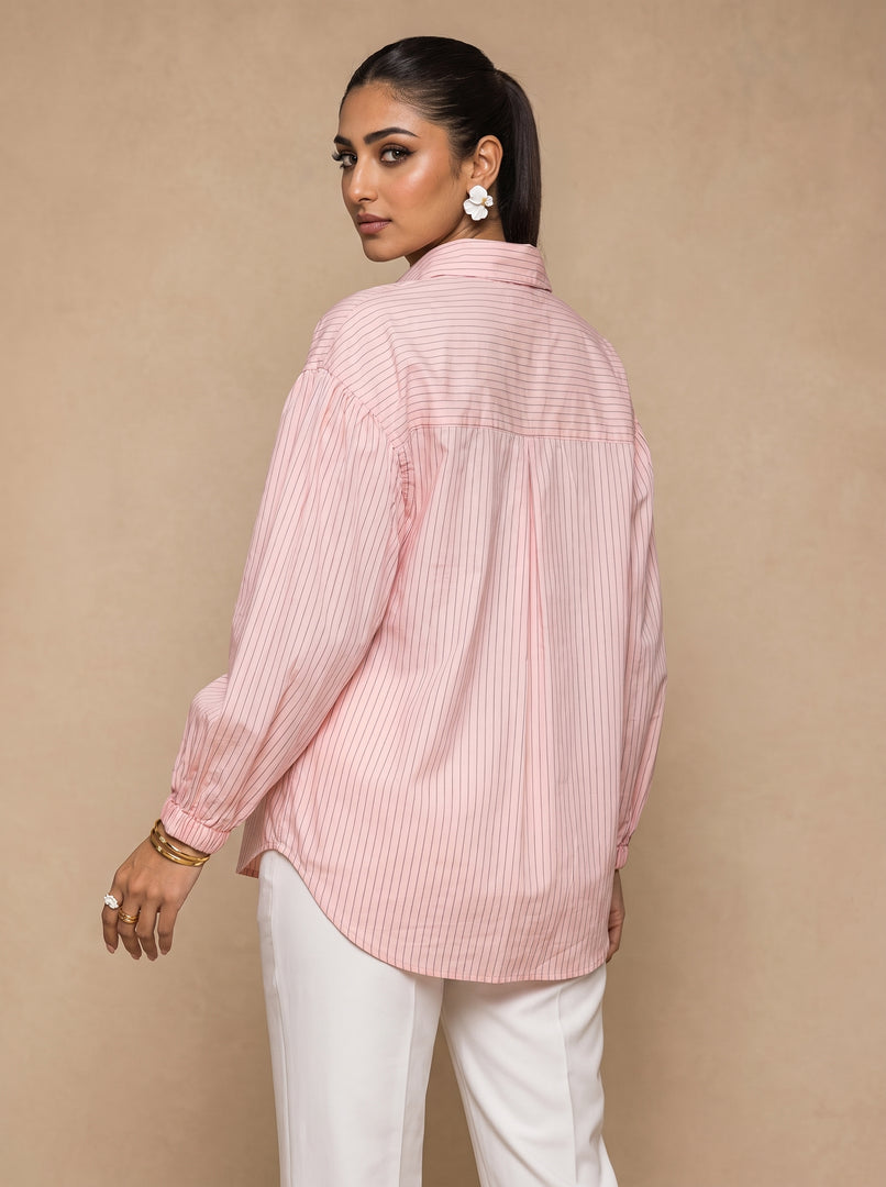 Pinstripe Grace: Cotton Below Hip Top 82553