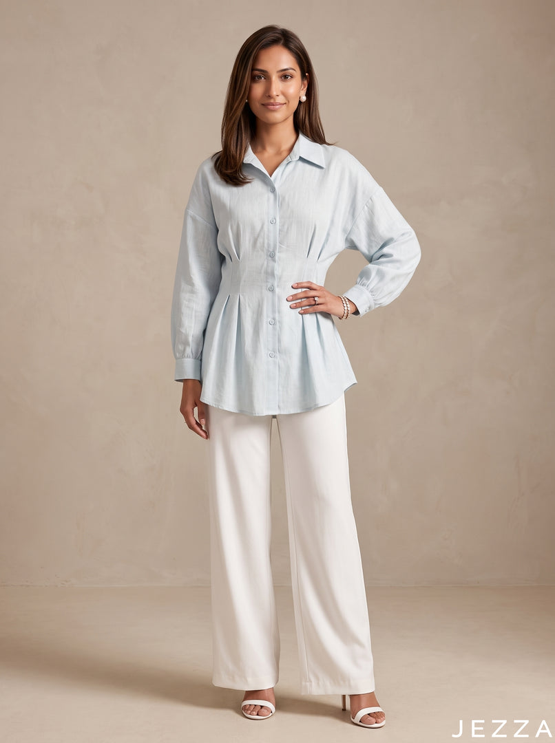 Skyline Ease: Light Blue Cotton Hip Top 87072