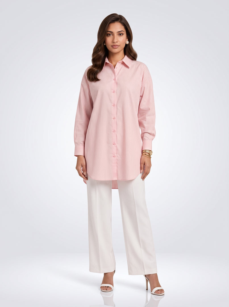 Pinstripe Poise: Pink Below Hip Top 87523