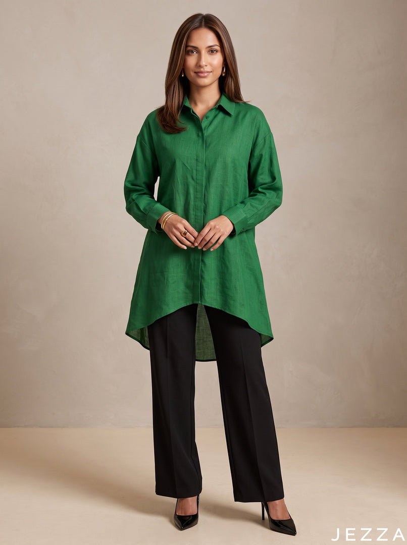 Forest Tone: Dark Green Slub Polyester Hip Top 87162