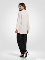 Load image into Gallery viewer, Pinstripe Grace: White Poly Cotton Below Hip Top 86892