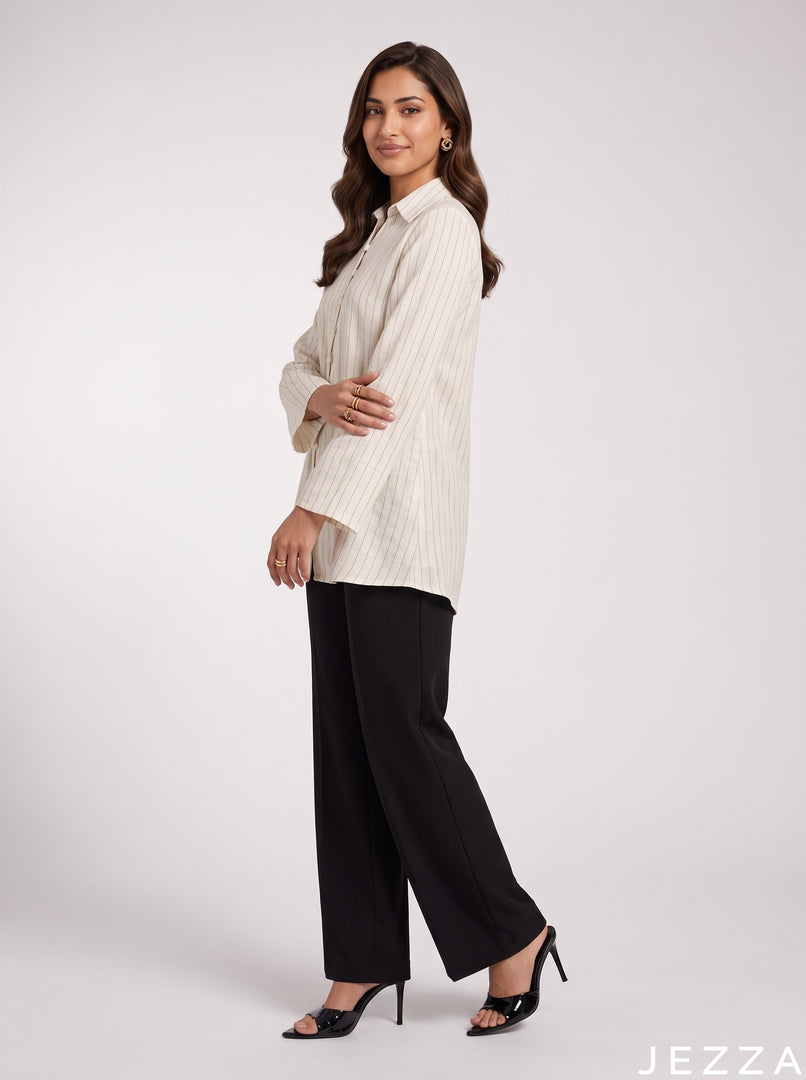 Pinstripe Grace: White Poly Cotton Below Hip Top 86892