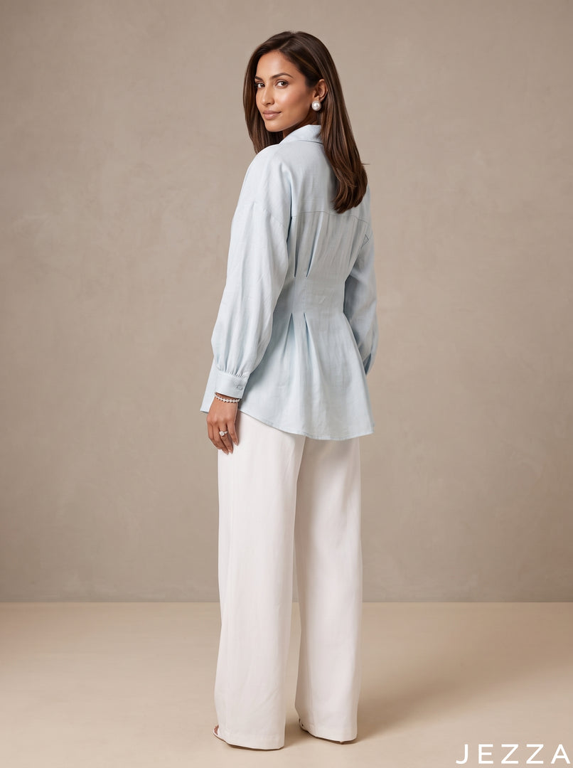 Skyline Ease: Light Blue Cotton Hip Top 87072