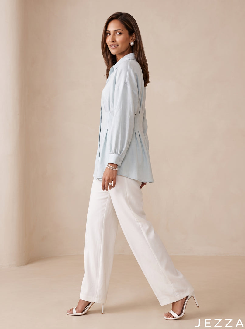 Skyline Ease: Light Blue Cotton Hip Top 87072
