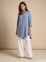 Load image into Gallery viewer, Azure Ease: Blue Cotton Below Hip Top 86961