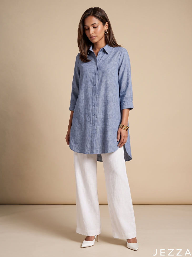 Azure Ease: Blue Cotton Below Hip Top 86961
