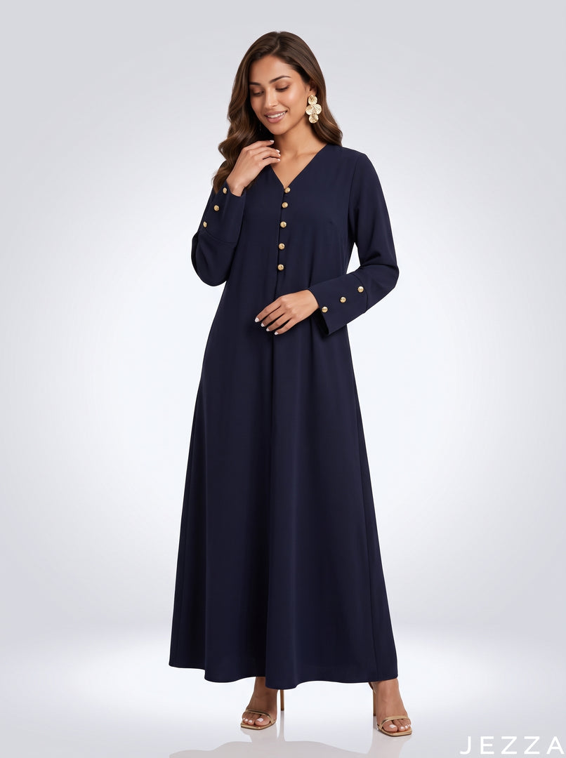 Midnight Flow: Navy Blue Polyester A-Line Dress 88401