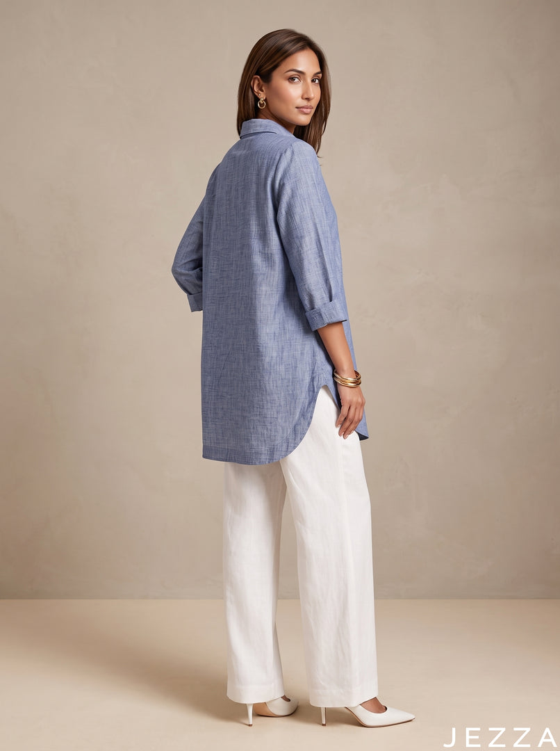 Azure Ease: Blue Cotton Below Hip Top 86961