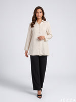 Load image into Gallery viewer, Pinstripe Grace: White Poly Cotton Below Hip Top 86892