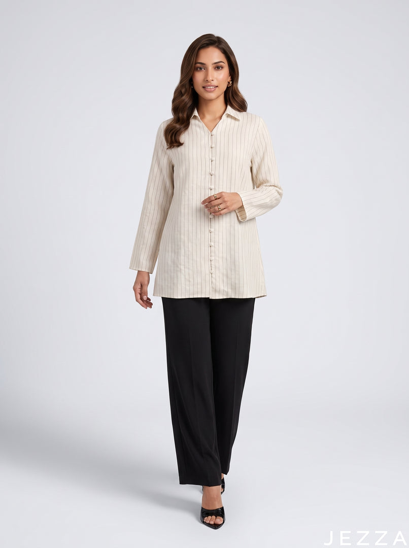 Pinstripe Grace: White Poly Cotton Below Hip Top 86892
