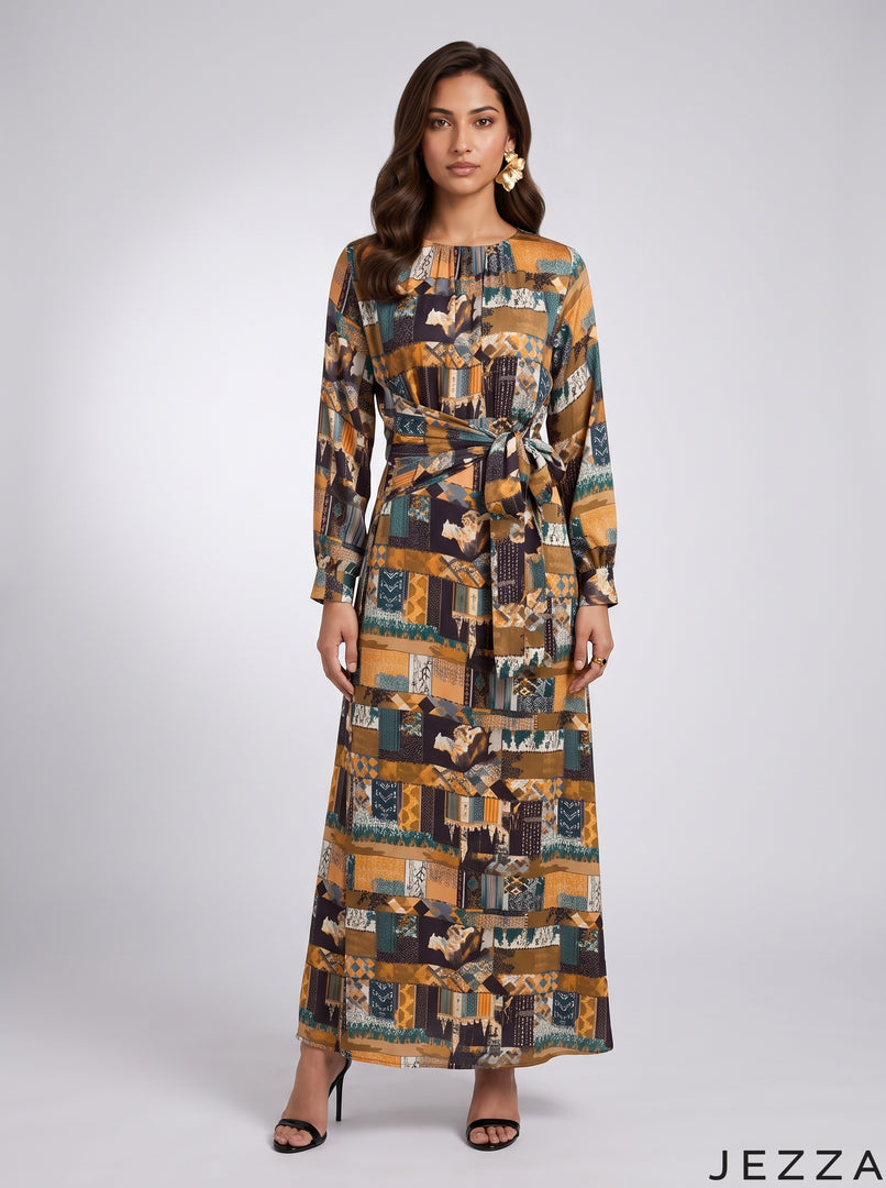 Geometric Aura: Crepe Satin Long Dress 87662