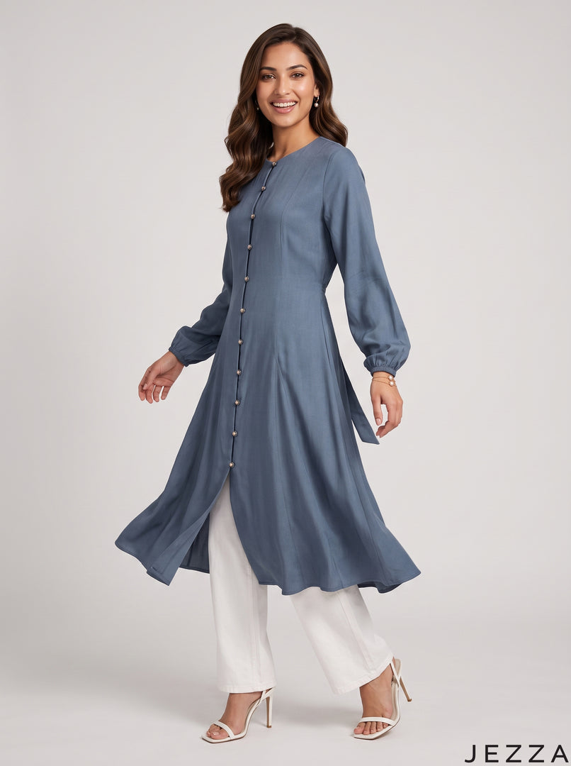 Midnight Ease: Dark Blue Cotton Knee Top 81082
