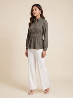 Load image into Gallery viewer, Moss Green Waist Pleated Hip Top 91822