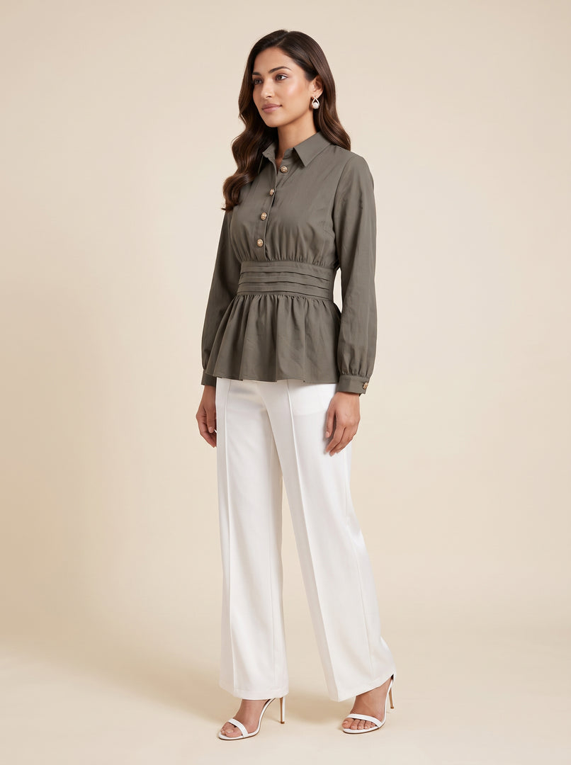 Moss Green Waist Pleated Hip Top 91822