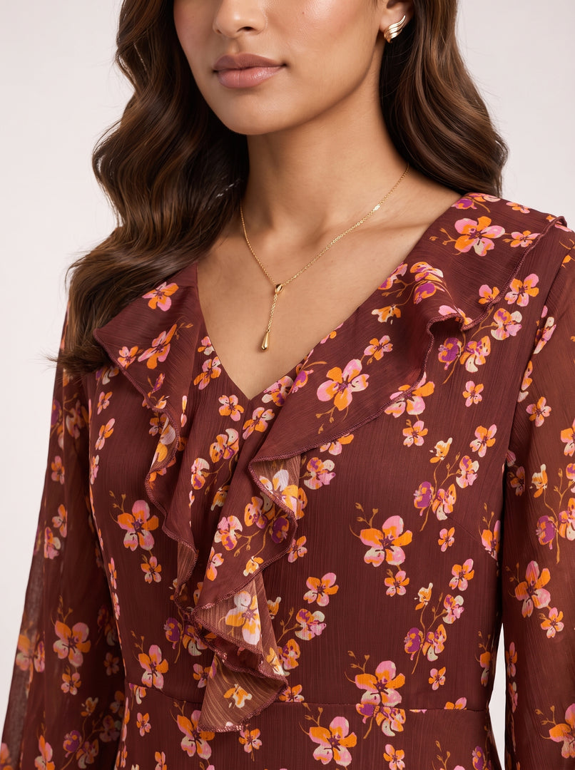 Ruffle V-Neck Ditsy Floral Print Dress 88352