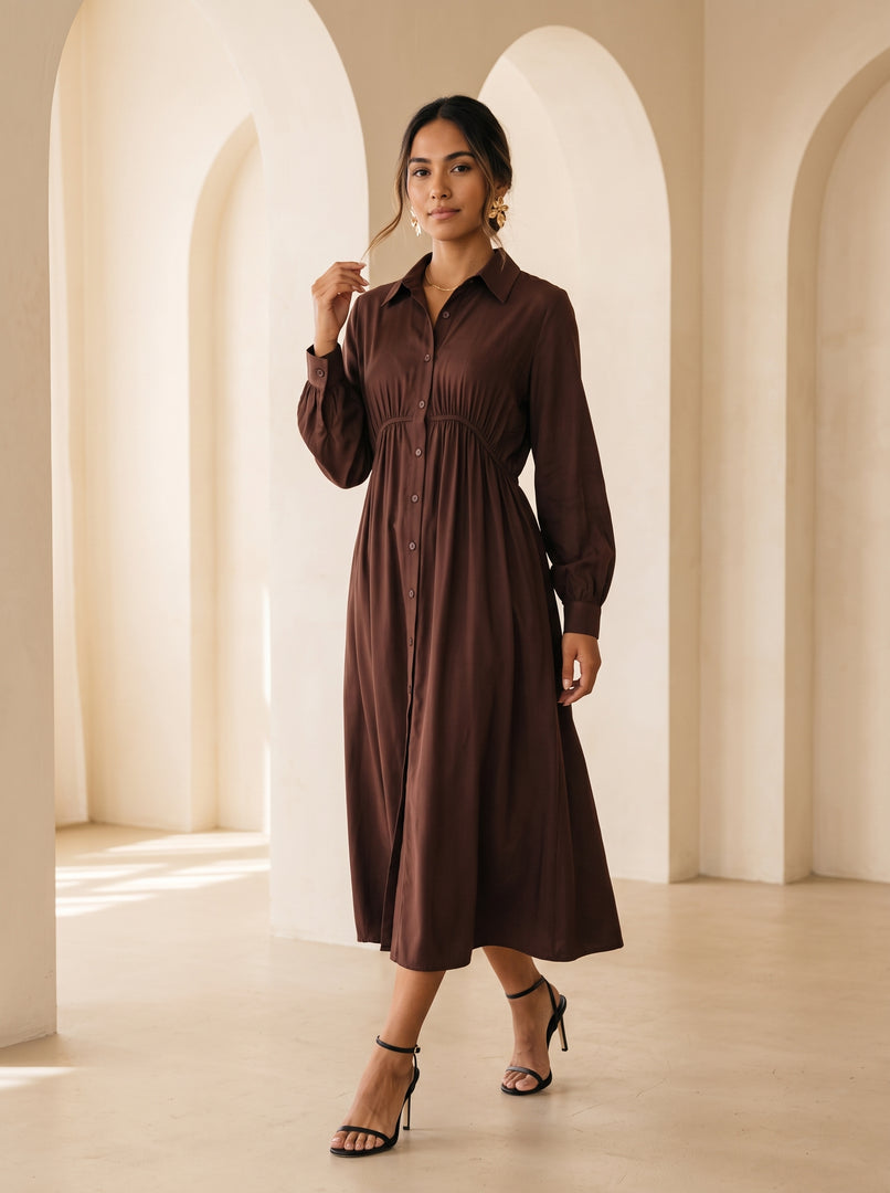 Carob Brown Collared Midi Dress 87938