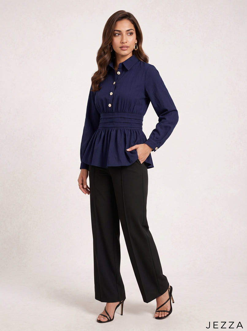 Navy Blue Waist Pleated Hip Top 91821