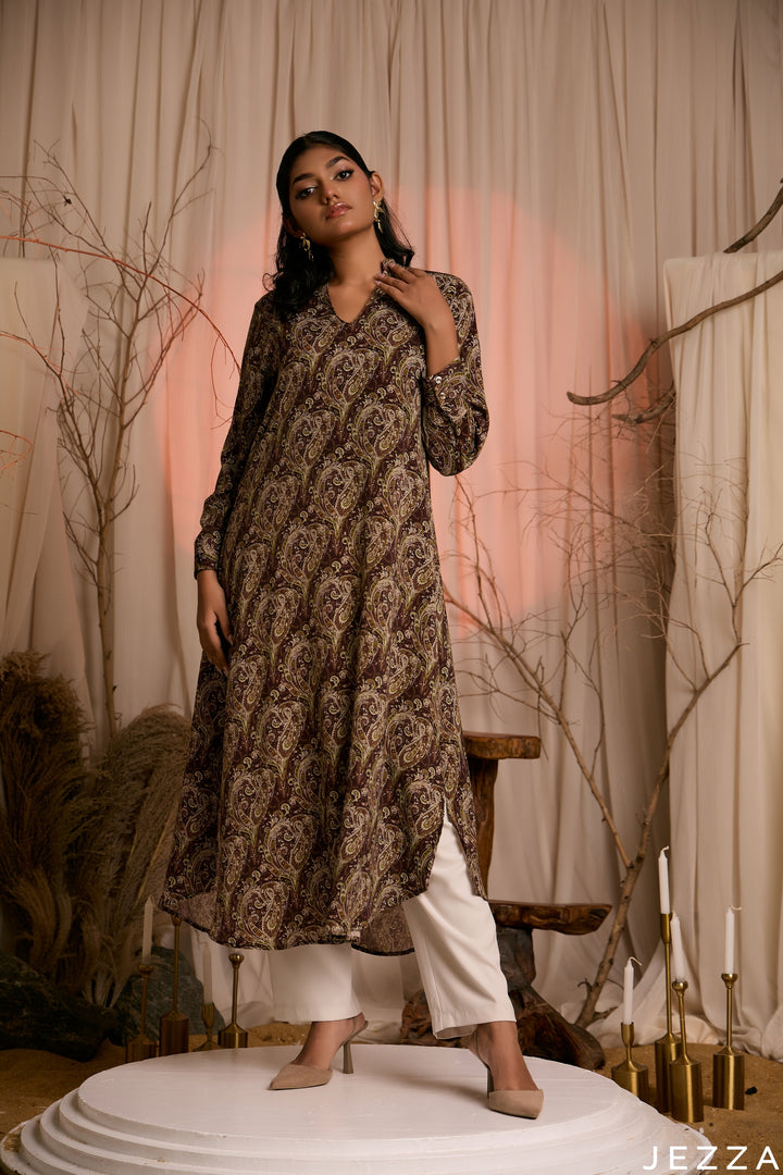 Paisley Line: Mandarin V-Neck Midi Top 82361