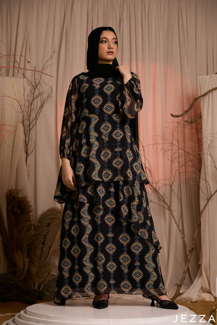 Medallion Drift: Long Sleeve Chiffon Maxi 83111