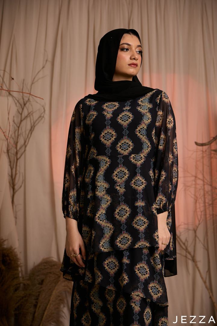 Medallion Drift: Long Sleeve Chiffon Maxi 83111