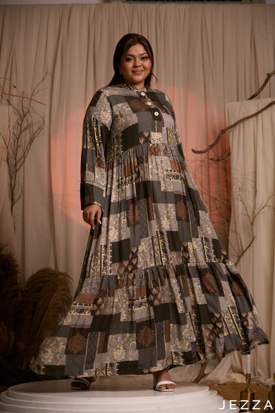 Patchwork Ease: Mandarin Collar Maxi Dress 83621