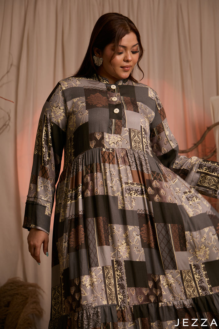Patchwork Ease: Mandarin Collar Maxi Dress 83621
