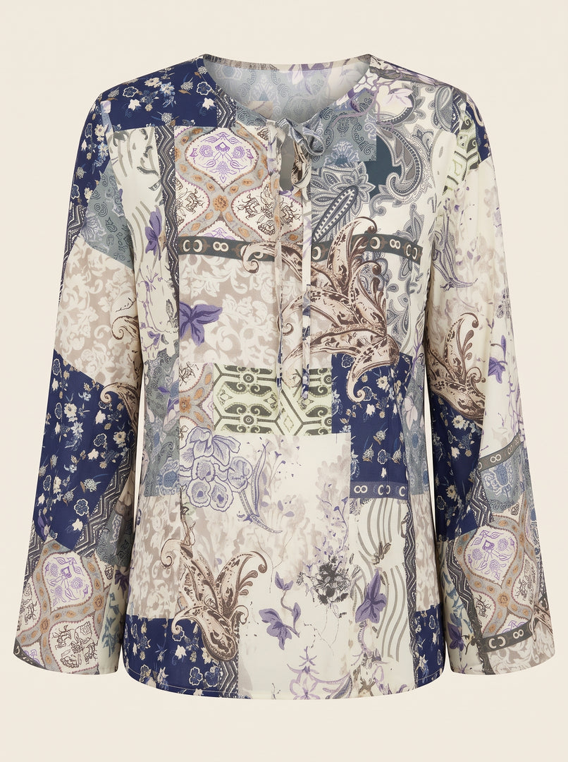 Cotton Abstract Print Tie-Neck Top 90261