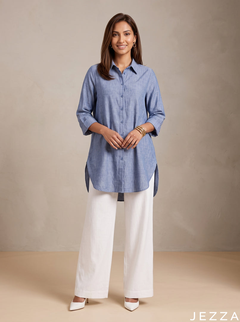 Azure Ease: Blue Cotton Below Hip Top 86961