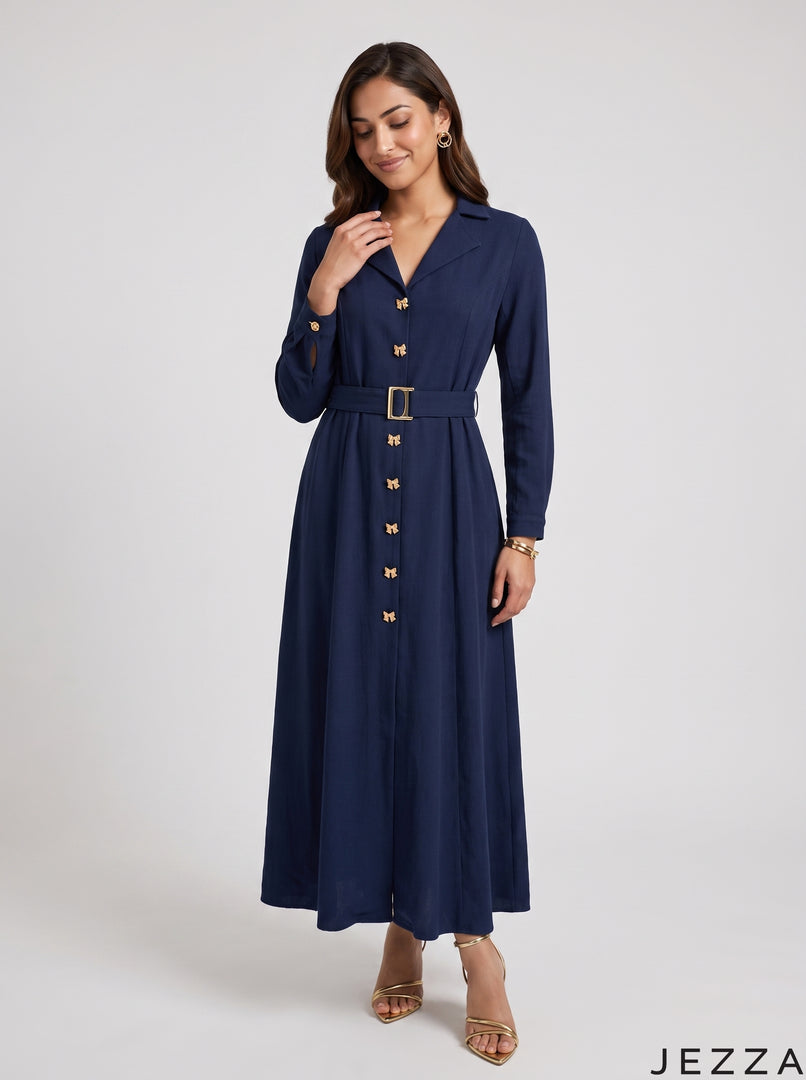 Navy Poise: Poly Cotton A-Line Dress 90372